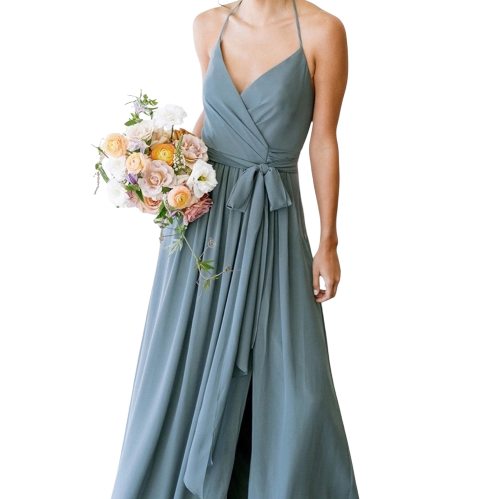 Revelry‎ Blue-Gray Halter Long Chiffon Wrap Dress Size XS